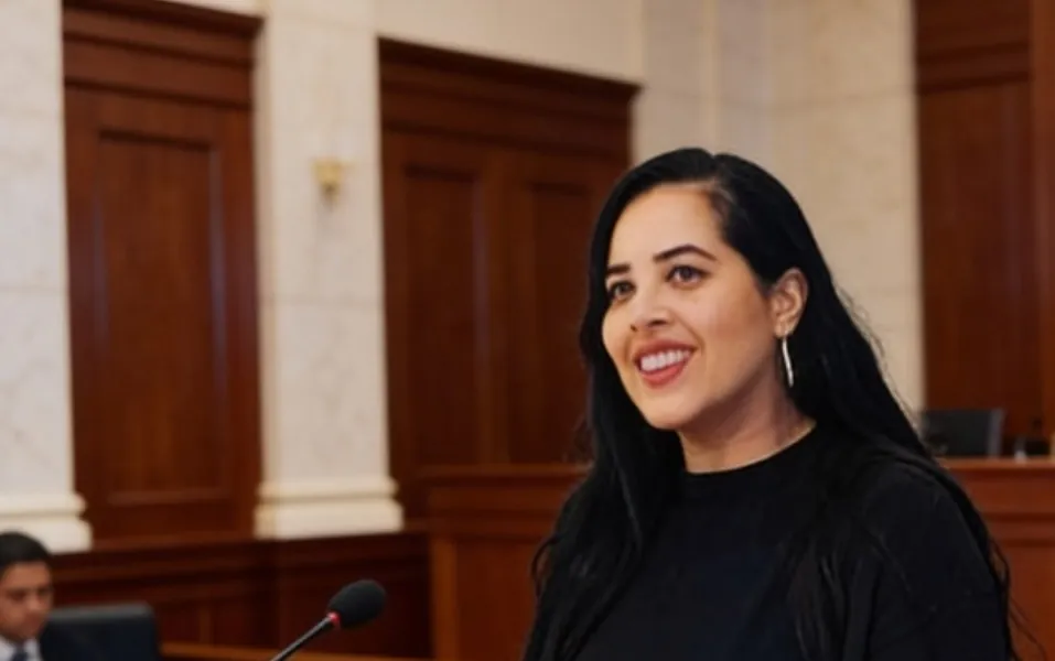 Krislaine Faria falando em uma tribuna